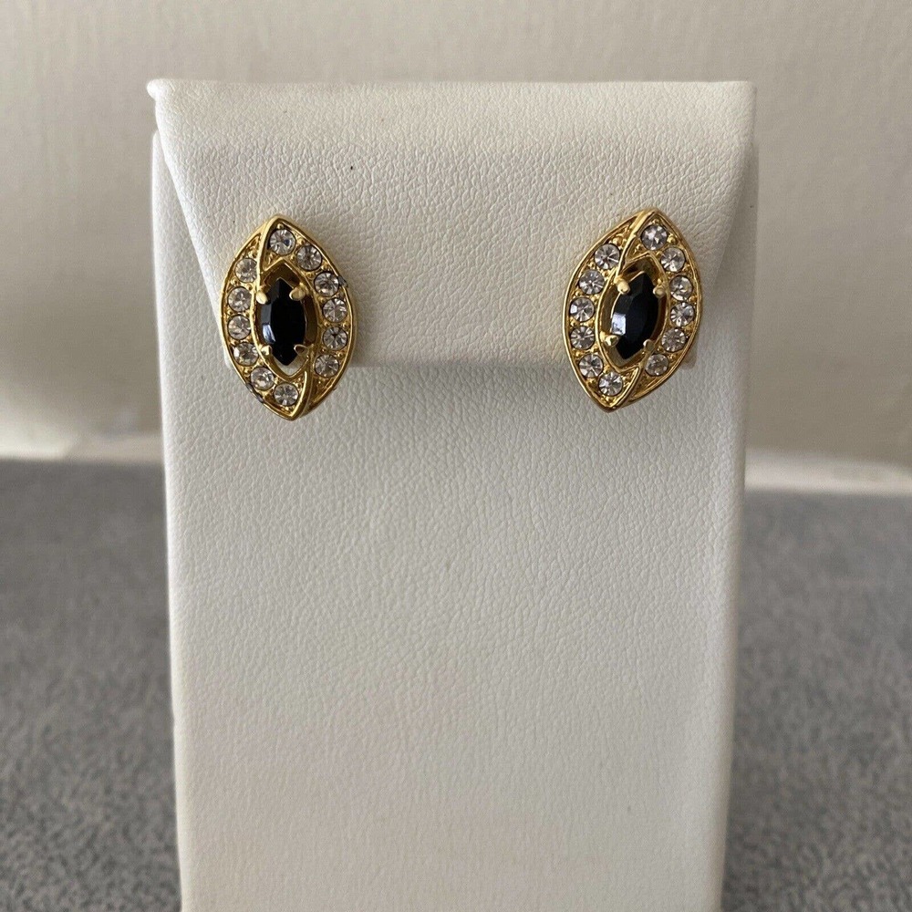 BLACK FAUX ONYX GOLD PLATED CUBIC ZIRCONIA STUD EARRINGS 3/4”